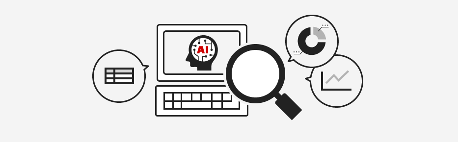 AIによる高度なデータ分析のイメージ。PCの画面に表示されたAIが虫眼鏡でデータを分析し、グラフやリストを出力。