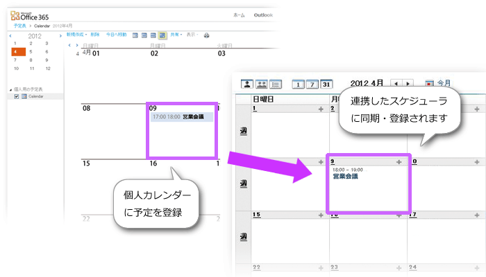 個人カレンダーに予定を登録すると連携したスケジューラに同期・登録されます